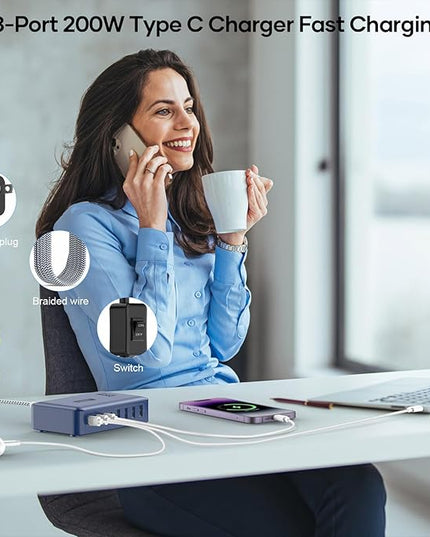 8-Port iPhone Charger Fast Charging 200W with Flat Plug, Braided Power Cord, and On/Off Switch- USB Charging Hub for iPhone, iPad, MacBook and More- 65W C Port Power Adapter for Laptops