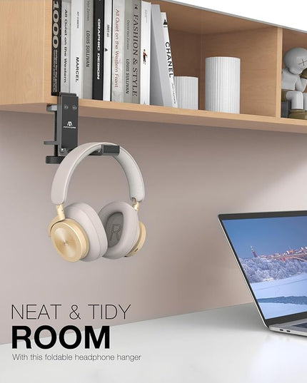 New Foldable Headphone Stand Hanger Holder Aluminum Headset Soundbar Stand Clamp Hook Under Desk Space Save Mount, Universal Fit Gaming Headphones, Black