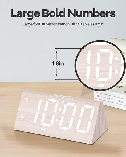Digital Alarm Clock, with Wooden Electronic LED Time Display, 3 Alarm Settings, Humidity & Temperature Detect, Wood Made Electric Clocks for Bedroom, Bedside, Desk (White-Big Bold)