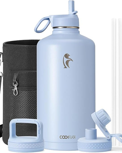 Coolflask 128 oz Gallon Water Bottle Insulated with Straw&3 Lids, Water Jug Large Stainless Steel Metal Vacuum Wide Mouth for Sports, Gym or Office, Non-BPA Keep Cold 48H Hot 24H, Light Blue