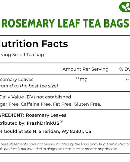 FreshDrinkUS, Premium 135 Rosemary Leaf Tea Bags, 100% Natural and Pure Rosemary Dried Leaves, Pure Herbal Tea, No Additives, No Caffeine, No Gluten, Vegan. (135 Tea Bags)