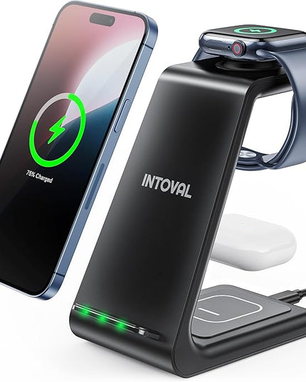 Intoval 3 in 1 Wireless Charging Station for iPhone and Apple Watch,Fast Wireless Charger Stand,Compact Desk Charging Dock for iPhone17 16 15 14 13/Pro/Max, iWatch11 10 9 Ultra/SE 3/3,AirPods