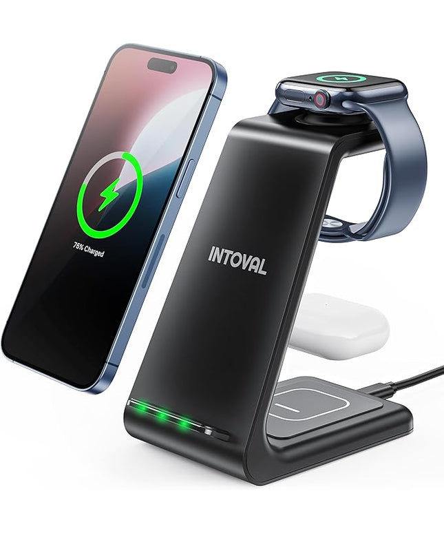 Intoval 3 in 1 Wireless Charging Station for iPhone and Apple Watch,Fast Wireless Charger Stand,Compact Desk Charging Dock for iPhone17 16 15 14 13/Pro/Max, iWatch11 10 9 Ultra/SE 3/3,AirPods