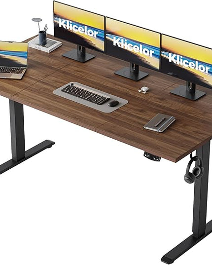 Klicelor 63 Inch Large Electric Standing Desk, Height Adjustable Office Desk, Sit Stand Up Computer Gaming Desk with Memory Preset, Three-Piece Desktop, Dark Walnut
