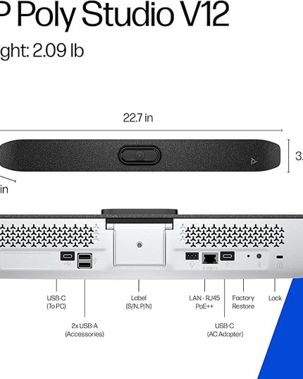 Poly Studio V12 – USB Video Bar for Small Rooms - 4K 20MP Camera, AI-Enhanced Audio, Noise Cancellation, Poly Lens Management - Microsoft Teams, Zoom & Google Meet Compatible - Thoughtfully Made