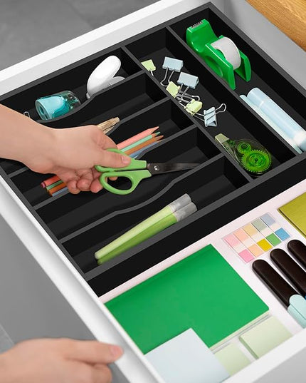ROYAL CRAFT WOOD Luxury Bamboo Kitchen Drawer Organizer - Silverware Organizer - Utensil Holder and Cutlery Tray with Grooved Drawer Dividers for Flatware and Kitchen Utensils (7 Slot, Black)