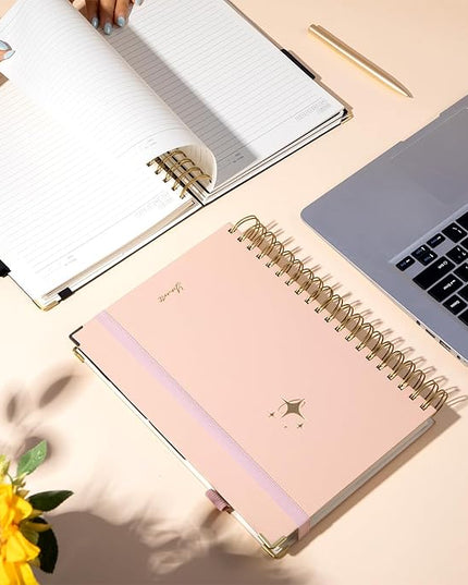 FLYING EAGLE Leather Spiral Notebooks for Work 5 Subject Notebook College Ruled with Dividers Pen, 360 Pages B5 Hardcover Lined Journals for Women Men Writing,Pink