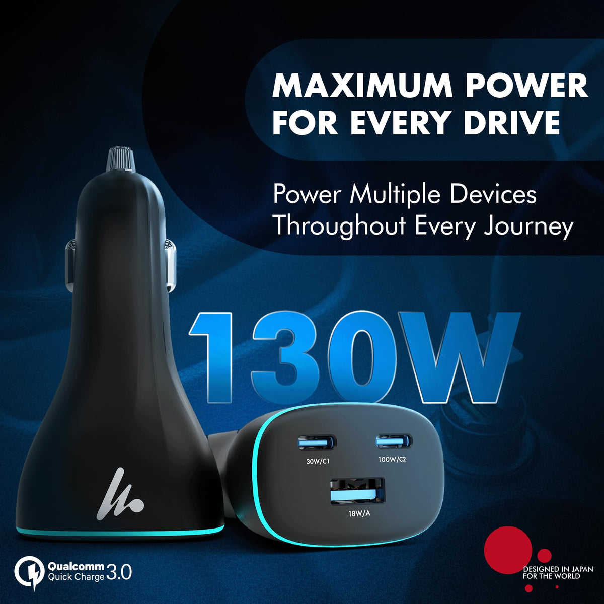 PD 130W Superfast Charging 2.0 Wozoyo Car Charger, with 2XType C & USB-A, PPS & QC 3.0, Triple Port (100W + 30W + 18W), 12V–24V Compatible, Multi-Layer Protection, 2-Years Manufacturer Warranty