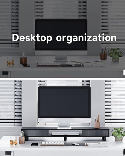 Fenge Dual Monitor Stand, 42.5inch Long Monitor Stands Riser for 2 Monitors, Sliding Door with Storage Organizer Stand for Desk, 2 Tier Desk Shelf for Laptop, Pc, Printer, Computer, TV