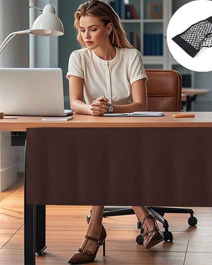 Icegrey 64" Under Desk Privacy Panel with Cable Management Organizer Net Self-Adhesive Modesty Panel for Cord Organizer Pockets and Desk Skirt for Home Office or Standing Workstation, Dark Brown