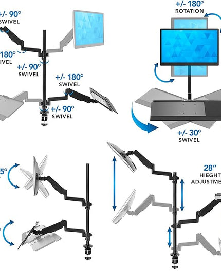 MOUNT-IT! Sit Stand Monitor Desk Mount [Fits 32" Screens] Height Adjustable, Full-Motion Articulating Arm with Keyboard Tray and Cable Management (Black)