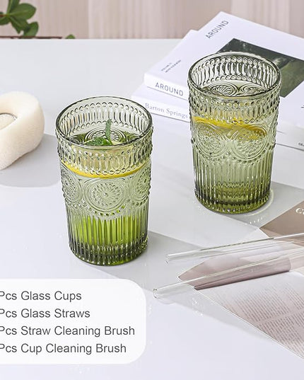 Vintage Glassware Drinking Glasses Set of 6,13 oz Green Textured Flower Design Glass Water Tumblers，Embossed Striped Drinkware for Water,Cocktails,Juice,Iced Coffee