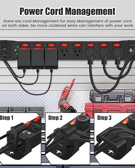 Heavy Duty Power Strip with Individual Switches,8 Outlets 14 Gauge Industrial Shop Garage Metal Multiple Outlets,1200J Surge Protector Mountable Power Strip,10FT Extension Cord Management(Black)
