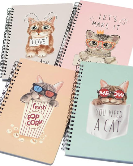 Yansanido Spiral Notebook, 4 Pcs A5 Thick Cat Design Hardcover 8mm Ruled 4 Color 80 Sheets -160 Pages Journals for Study and Notes (Cat)