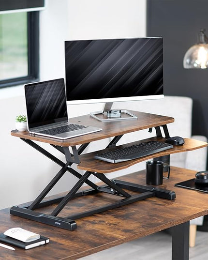 VIVO 32 inch Desk Converter, K Series, Height Adjustable Sit to Stand Riser, Dual Monitor and Laptop Workstation with Wide Keyboard Tray, Vintage Brown Top, Black Frame, DESK-V000KN