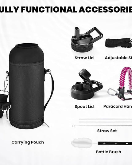 Insulated Water Bottle 40 oz, Triple Wall Vacuum Stainless Steel (Cold for 48 Hrs), Leak Proof & Non-BPA, Modern Water Flask Jug with Paracord Handle & Straw Spout Lids, Ombre Pink