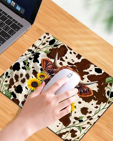 Western Highland Cow Sunflowers and Cowhide Brown Square Mouse pad, Texture, Waterproof, Anti Slip Rubber Base, Computer Mouse pad