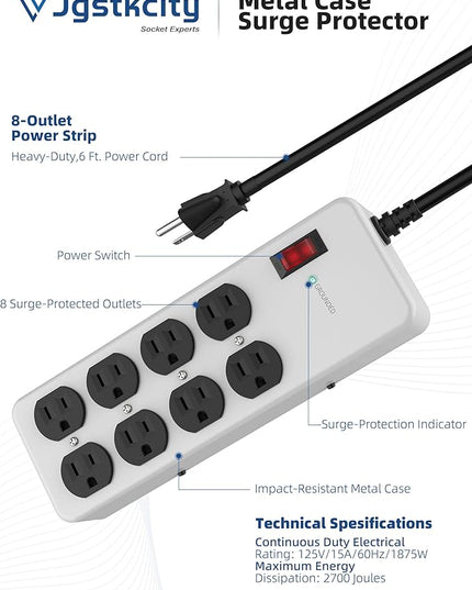 Heavy Duty Power Strip,Industrial Heavy Metal Case Surge Protector,8 AC Outlets,15Amp,2700 Joules,Protected' Indicator,14 Gauge Cord (Grey, 6FT Length)