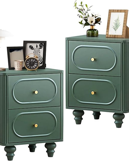 2 Drawer Fluted Mini Small Dresser for Bedroom Set of 2, Mid Century Modern Nightstand Bedside End Table, Wood Storage Dresser Organizer for Bedroom, Green