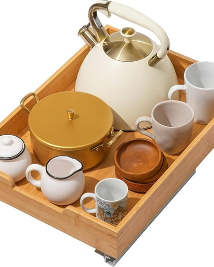 HOLDN’ STORAGE Bamboo Wooden Pull out Cabinet Organizer.14”W x 21”D - Requires At Least a 15.25:W x 21" D. Cabinet Opening. W/Lifetime Limited Warranty. Bamboo Tray and Heavy gauge metal rails.