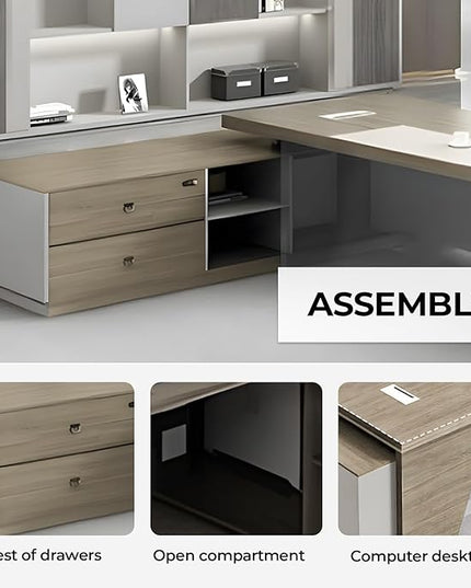 L-Shape Modern Executive Desk Dual Tone Finish, L-Shape Office Executive Desk Without Chair, Integrated Cable Management, Lockable Storage, Boss's Desk (Right Cabinet, 86.6"*30"*63")