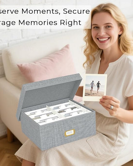 Decorative Photo Storage Box - Linen Photo Box Organizer with Dividers, Fits Holds Up to 1700 Pictures and 4x6 Photos, Memory Keepsake Organizer for Photos, Scrapbook Supplies, Cards, Stamps (Grey)