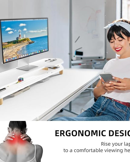 2 Tier White Dual Monitor Stand Riser,Wider Board Computer Monitor Stand for 2 Monitors,Slot For Phone/Tablet Office Desktop Organizer for Laptop,PC,Computer,Printer,White