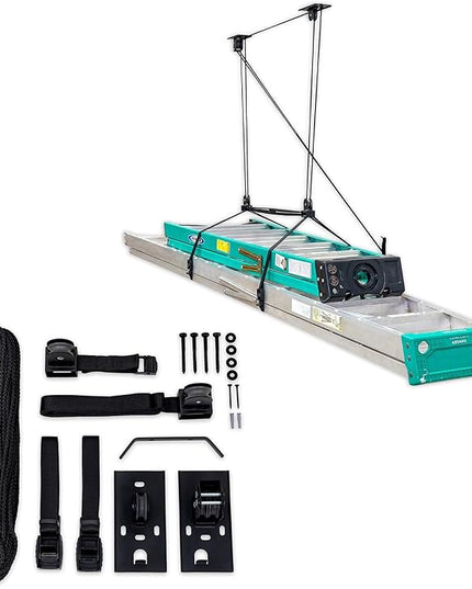 StoreYourBoard Ladder Storage Ceiling Pulley System, Garage Mount Hoist, Heavy Duty Hanging Organizer Holds 150 lbs