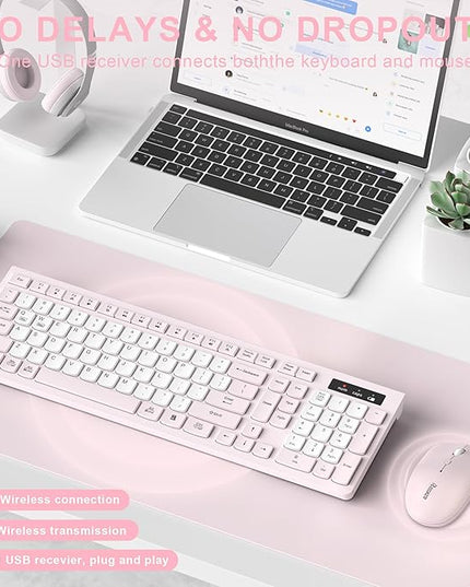 Wireless Keyboard and Mouse Combo, Full-Sized Quiet Wireless Keyboard and Adjustable DPI Mouse, 2.4GHz USB Receiver, Keyboard and Mouse for PC, Windows, Desktop, Laptop (Pink and White-B)