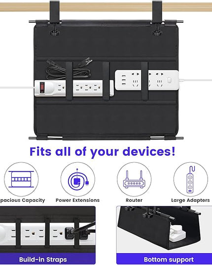 Under Desk Cable Management Tray, Clamp-On Cord Organizer，No Drilling Required, Holds Up to 22 lbs, for Cords, Routers, Power Strips (Black, 28.4inch)