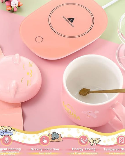 Honeydak Coffee Mug Warmer Cute Cat Mug Set Cup Warmer Christmas Gifts for Women Heated Coffee Warmers for Mom Home Office Desk Valentine's Day Anniversary Birthday Gifts(Sakura,Pink)