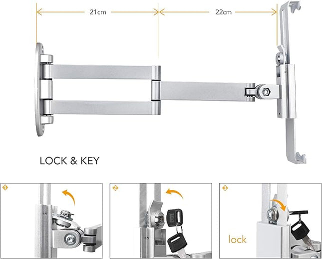 Tablet Wall Mount Holder with fold,Extend Adjustable Arm Swivel &Anti Theft Security Lock &Key, Multi Angle,Bracket for Most 7 to10.8 Inch,for iPad 10.9&11,Galaxy tab,& More(Silver)