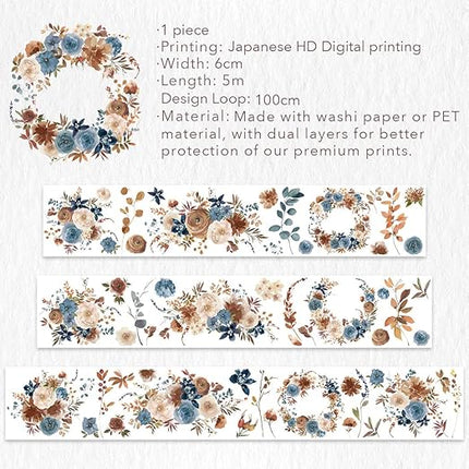 WT Dusty Blue & Cinnamon Wide PET Tape, Single Roll, Original Designs, Floral Decorative Tape, Transparent Craft Tape for Bujo Planner & DIY Supplies, Watercolor Flowers