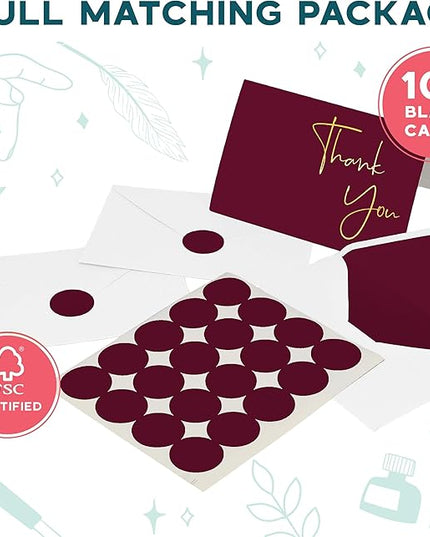 VNS Creations Gold Foil Thank You Cards With Envelopes Bulk Set & Stickers - 100 Pack 4x6 Blank Thank You Notes Box Set - Large Note Card Small Business, Wedding, Baby Shower & Bridal Shower - Wine
