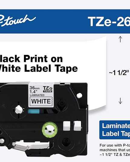 Brother Genuine P-Touch TZE-261 Tape, 1 1/2" (36 mm) Standard Laminated P-Touch Tape, Black on White, Laminated for Indoor or Outdoor Use, Water-Resistant, 26.2 ft (8 m), Single-Pack