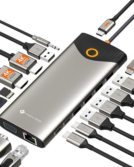 NOVOO USB C Docking Station Dual Monitor, 15 in 1 Laptop Docking Station 3 Monitors with 2 HDMI,VGA,USB C/A Ports, 100W PD, RJ45, SD/TF and Audio, Multiport Adapter for MacBook/Dell/iPhone/HP/Lenovo