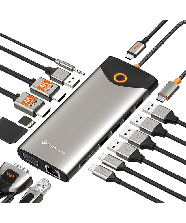 NOVOO USB C Docking Station Dual Monitor, 15 in 1 Laptop Docking Station 3 Monitors with 2 HDMI,VGA,USB C/A Ports, 100W PD, RJ45, SD/TF and Audio, Multiport Adapter for MacBook/Dell/iPhone/HP/Lenovo