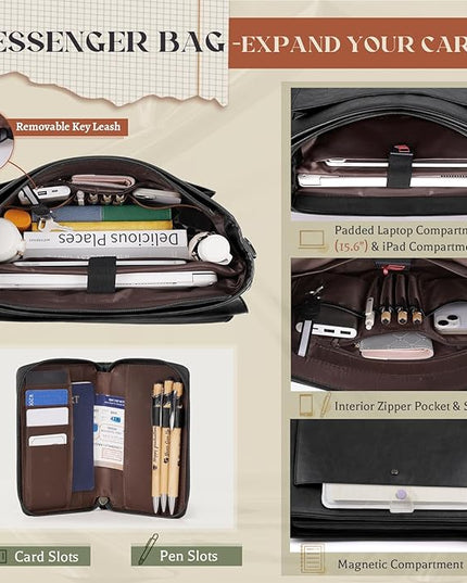 RAINSMORE Flap Messenger Bag for Men Vintage PU Leather Laptop Bag 15.6 Inch Retro Briefcase with Wallet Satchel Computer Bag