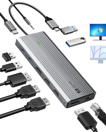 SAN ZANG MASTER Displaylink Dock,Displaylink Docking Station Dual Monitor,10Gbps USB C hub for MacBook M1/M2/M3/Windows,Laptop hub with 2 HDMI 4K,2 PD 4K, Ethernet,USB 3.2,Mic/Audio,100W PD