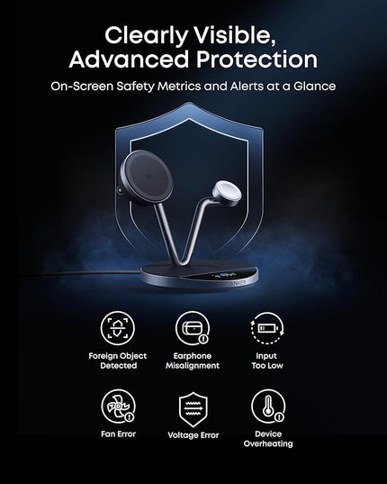 Anker Prime MagSafe Charger Compatible, 3-in-1 Charging Station, Qi2 25W Certified Wireless Charger Dock Stand, Smart Display with TEC Active Cooling, for iPhone 17, Apple Watch, AirPods, and More