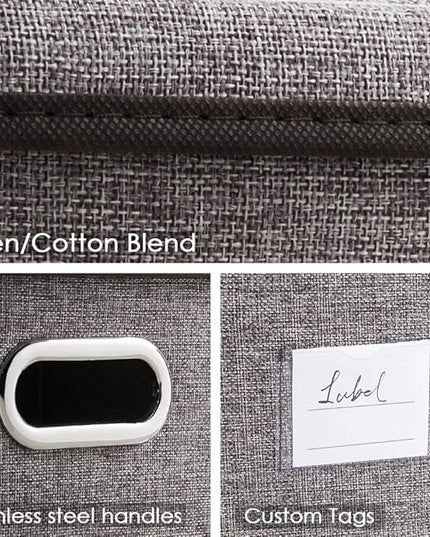 PRANDOM Storage Bins with Lids [3-Pack] Linen Fabric Foldable Storage Boxes Organizer Containers Baskets Cube with Cover for Home Bedroom Closet Office Nursery Grey（11.4X8.6X6.7