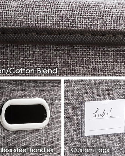 PRANDOM Foldable Storage Boxes with Lids [3-Pack] Linen Fabric Collapsible Storage Bins Organizer Containers Baskets Cube with Cover for Home Bedroom Closet Office Nursery (14.9x9.8x9.8)