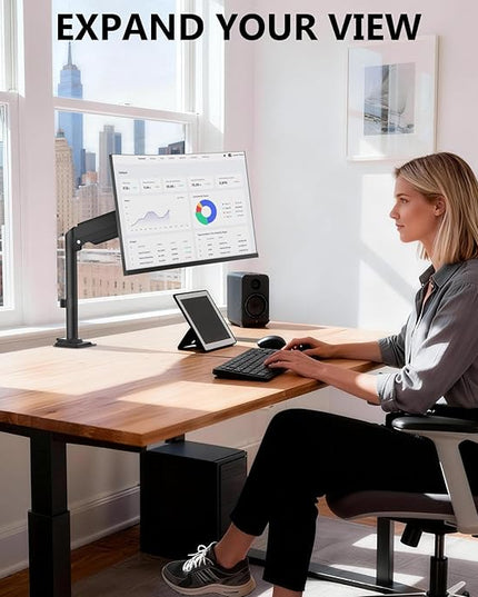 WALI Single Monitor Arm Desk Mount for 13-32 Inch Screens, Premium Gas Spring Monitor Stand with Full Motion Tilt, Swivel, Rotation, Holds up to 19.8 lbs, C-Clamp Mount for VESA 75/100mm (GSDM001S)