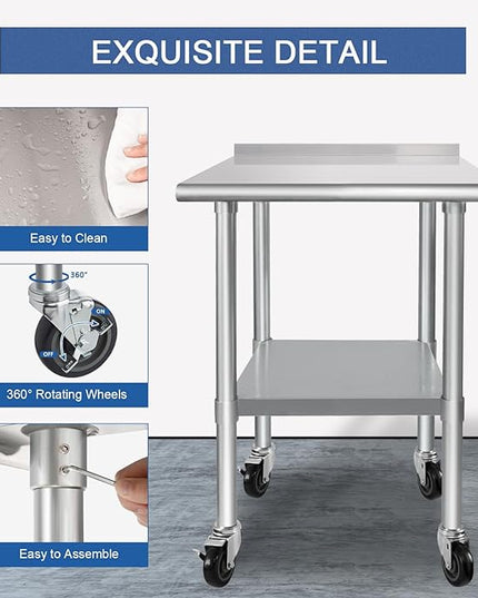 HARDURA Stainless Steel Table 24 x 30 Inches with Wheels Casters NSF Heavy Duty Commercial Prep Table with 2” Backsplash and Adjustable Undershelf for Restaurant Kitchen Home and Hotel
