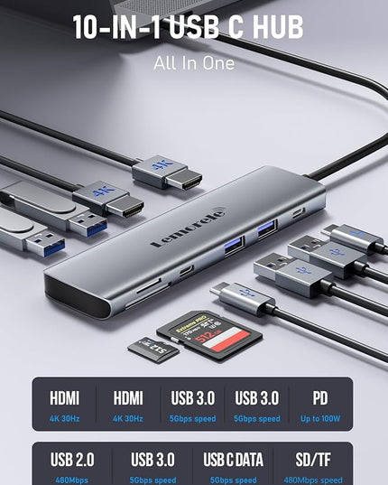 USB C Docking Station Dual Monitor, 10 in 1 USB C Hub with 2 HDMI Ports, PD Charging, SD/TF, 5 USB C/A Ports, Dual HDMI Adapter for Dell XPS/HP/Lenovo/Surface