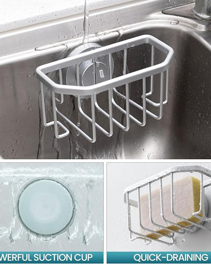 TAILI Sponge Holder for Kitchen Sink with Strong Suction Cup, Rustproof Aluminum Sink Caddy for Sponges, Brushes, Stoppers & Scrapers, Silver