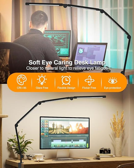 LED Desk Lamp with Clamp, Adjustable Swing Arm for Home Office, Dimmable Tempering Eye Care Table Light, Black Aluminum