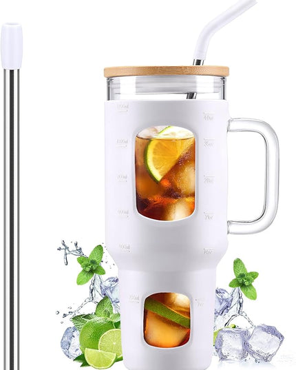 Glass Tumbler with Straw and Lid, 40 oz glass cup with handle, Glass Water Bottles with Time Marker, Silicone Protective Sleeve-White