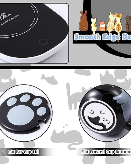 Honeydak Coffee Mug Warmer Cute Cat Mug Set Cup Warmer for Women Heated Coffee Warmers for Mom Home Office Desk Valentine's Day Anniversary Birthday Gifts(Cat,Black)