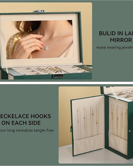 Frebeauty Large Jewelry Box,6-Tier PU Leather Jewelry Organizer,Multi-functional Storage Case with Mirror,Accessories Holder with 5 Drawers for Necklace Bracelets Watches(Blackish Green)